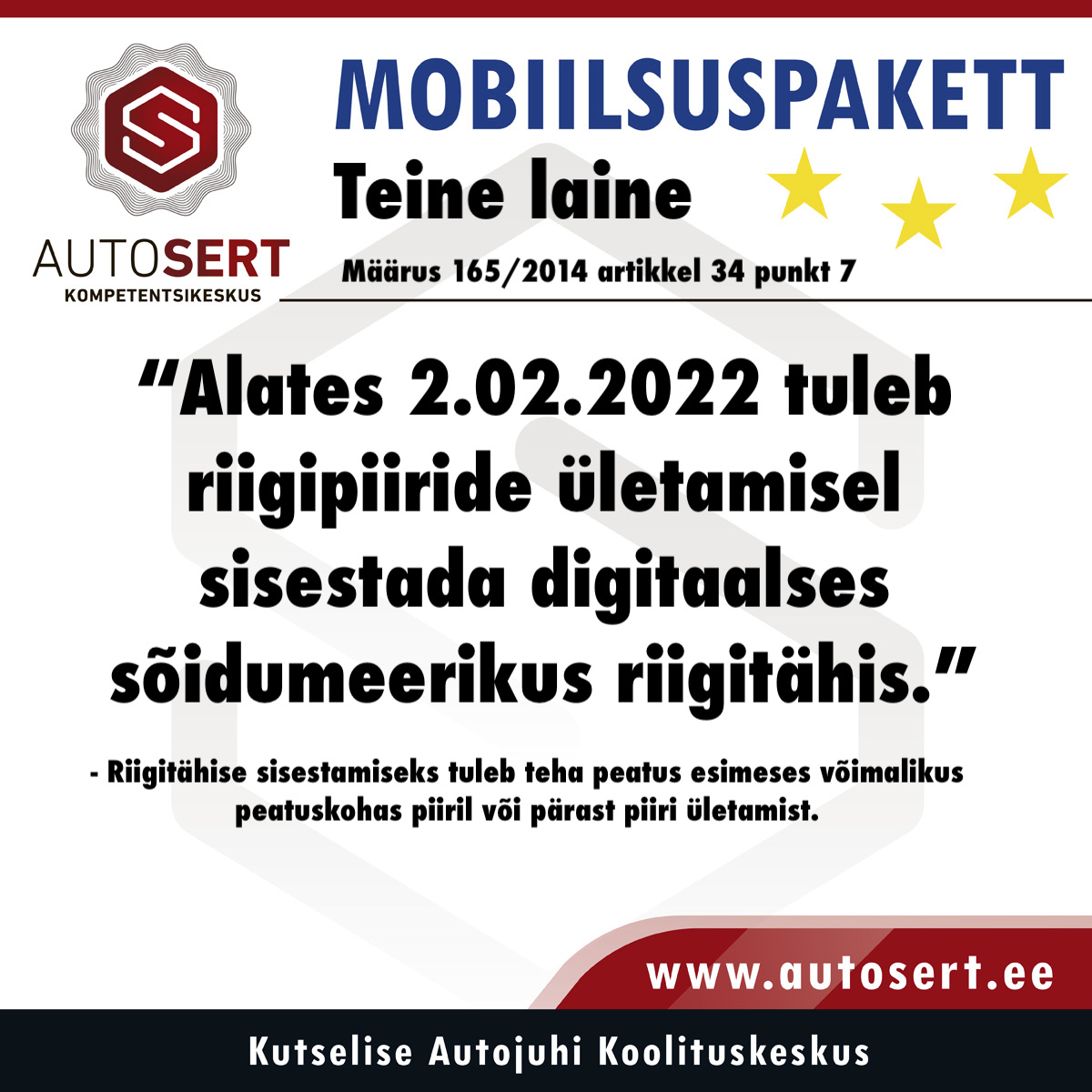 Riigitähise sisestamine riigipiiride ületamisel alates 2.02.2022 – Mobiilsuspakett